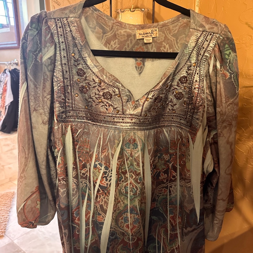 ONE WORLD bohemian green and brown Embroidered Blouse